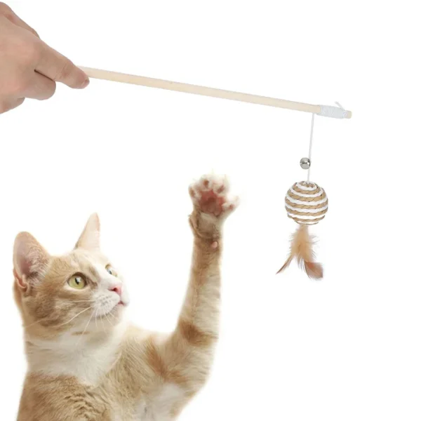 Sisal ball cat toy stick with bell for interactive play.